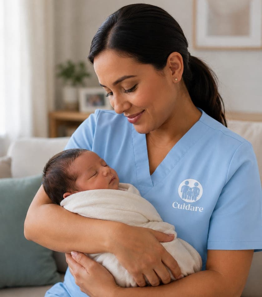 Cuidadora auxiliando mãe e bebê